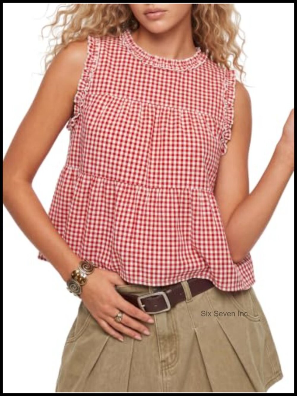 Cotton Plaid Frill Trim Peplum Tank Top Sleeveless Babydoll Summer Top